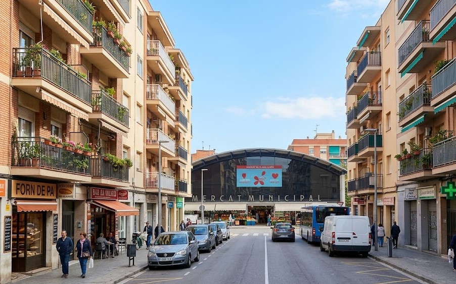 Vistas de las calles peatonales, el mercado y el barrio de Plana Lledó en Mollet del Vallès